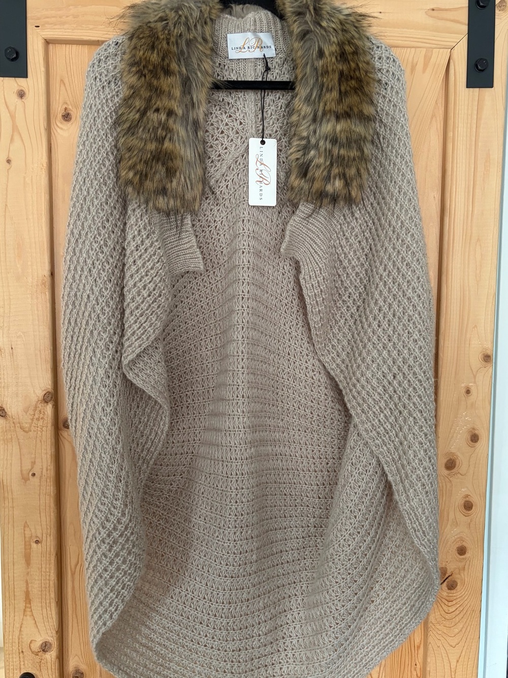 Linda Richard’s Mohair Taupe Knit Open-Front Poncho with Faux Fur Collar